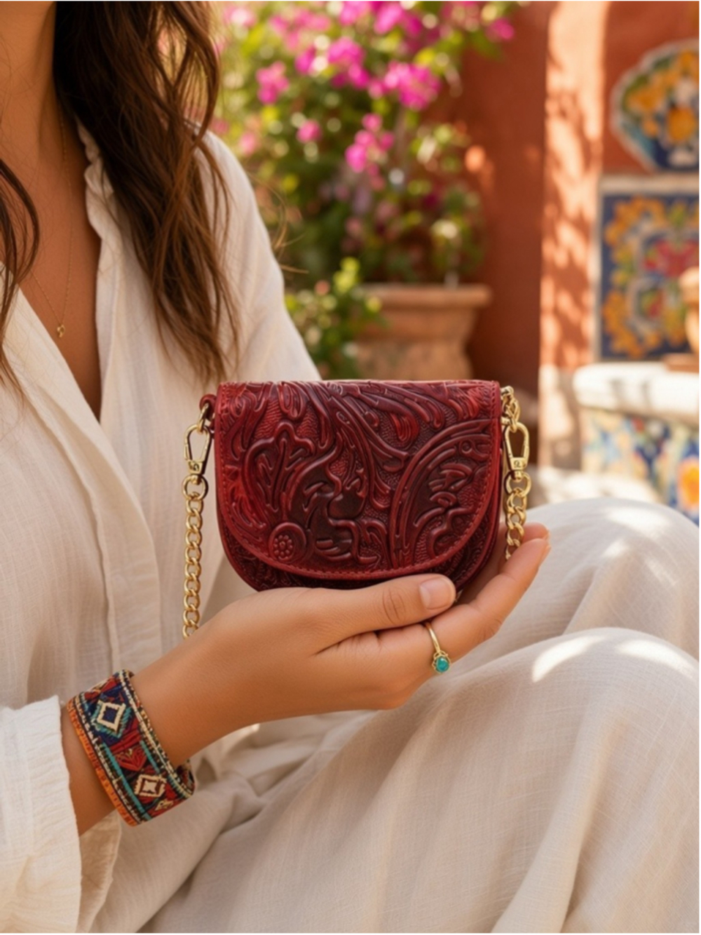 Fuego Ember Red Floral Embossed Tooled Artisan LEATHER Crossbody Wallet Bag
